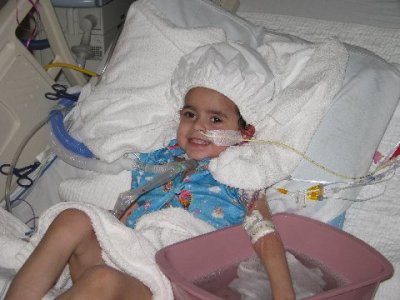 Her second day in St. Louis...no more chest tubes & she gets a good bath!